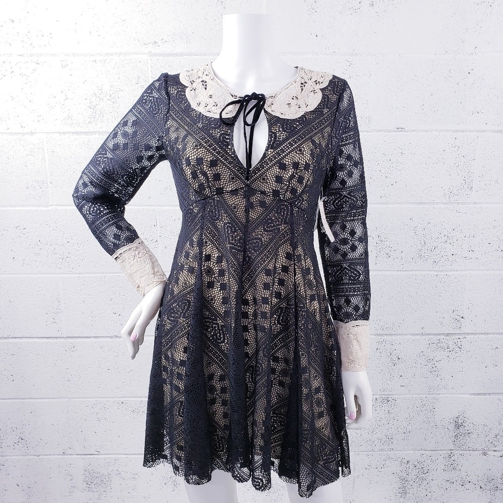 Free People Talk That Talk Black Lace Dress Long Sleeve Wednesday Adams Size 4‎